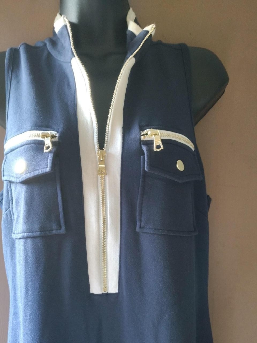 Boston Proper Navy Sleeveless Vest with White Trim and Gold Zip